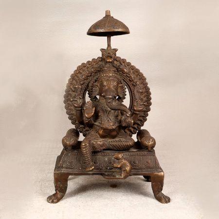Finest Brass Statue of Lord Ganesha Sitting on Throne for Worship