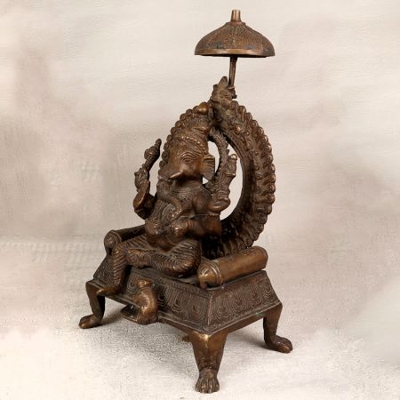 Finest Brass Statue of Lord Ganesha Sitting on Throne for Worship