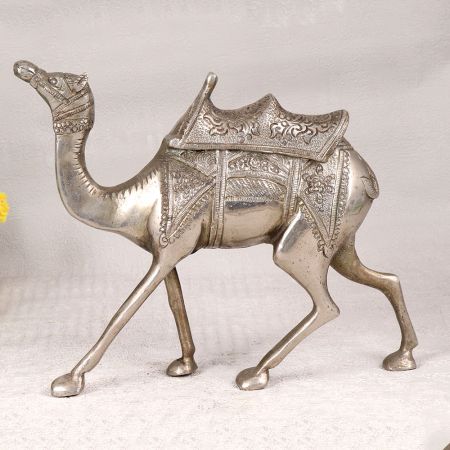 Shiny Handmade Brass Camel Statue in Silver Finish for Decor