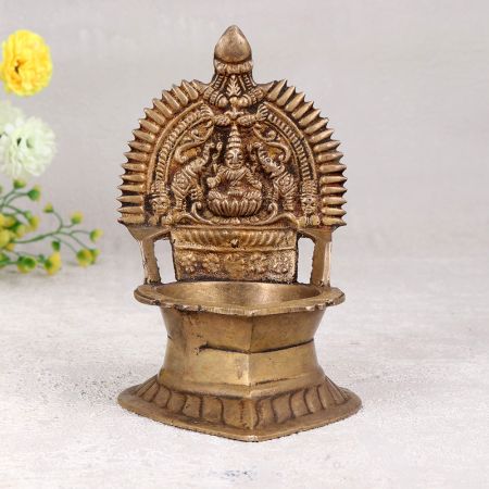 Handmade Gajalakshmi Brass Oil Lamp in Antique Brown Finish