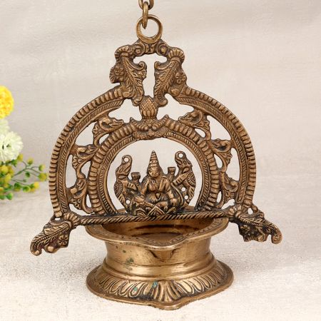High-Quality Brass Hanging Gajalakshmi Oil Lamp in Brown Finish