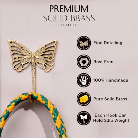 3 Pieces Brass Butterfly Vintage Wall Decor Hook For Hanging