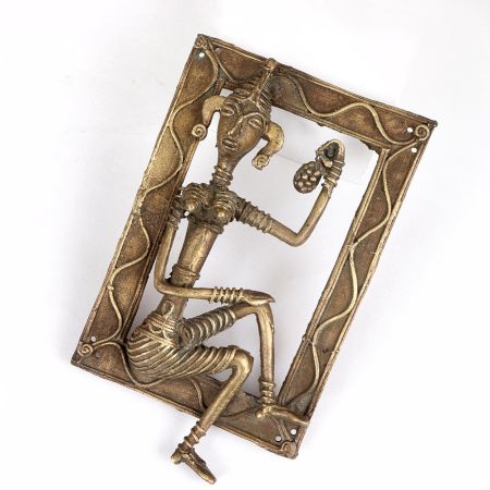 Vintage Brass Tribal Art Man Figure in Frame for Decor