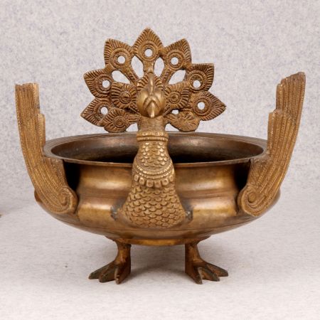 Decorative Peacock Brass Urli in South Indian Art for Decor