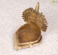 Brown Handcrafted Brass Gajalakshmi Oil Lamp for Decor