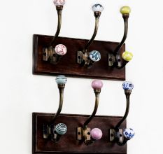 Decorative Multicolor Ceramic Iron Wooden Wall Hooks (Pack of 2)