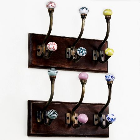 Decorative Multicolor Ceramic Iron Wooden Wall Hooks (Pack of 2)