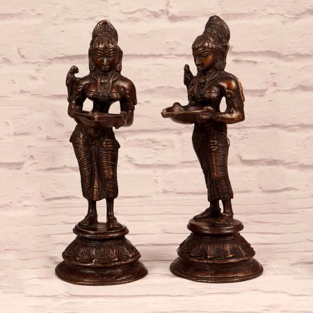 Dark Finish Brass Pair of Deep Lakshmi Statue for Decor
