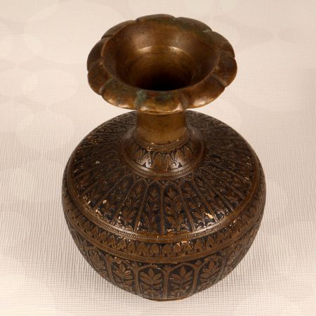 Vintage Brass Flower Pot with Black Enamel Carving