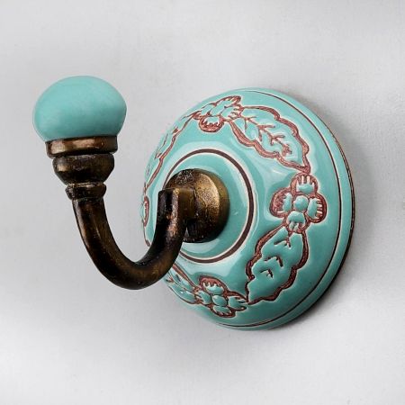 Sea Green Brown Leaf Etched Ceramic Wall Hook
