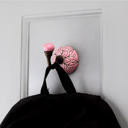 Pink Brown Amarylis Etched Ceramic Wall Hook