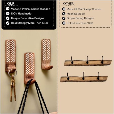 Wooden Self Adhesive Brown Wall Mounted Hooks