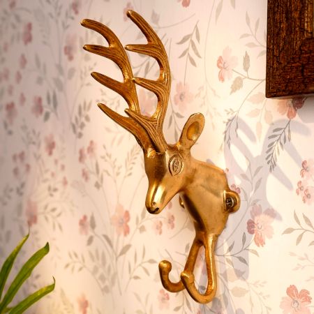 Exquisite Brass Deer Head  With Antlers And Twin Hook