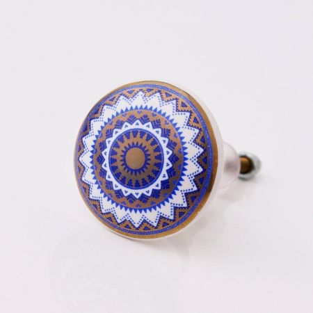 Blue and Golden Wheel Pattern Flat Ceramic Cabinet Knob