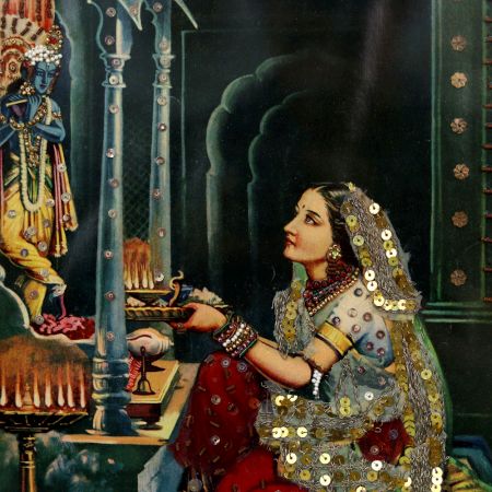 Vintage Paper Print of Lord Krishna Worshipped by Meera