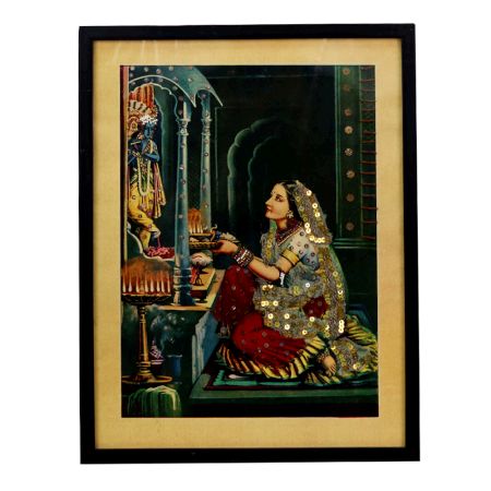 Vintage Paper Print of Lord Krishna Worshipped by Meera