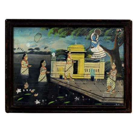 Vintage Lord Krishna Painting with Gopies for Prayer Room