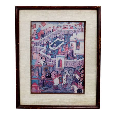 Vintage Used Mughal Art Paper Print in Frame for Hanging