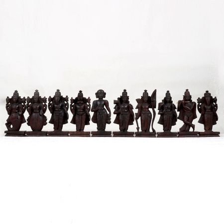 Dark Brown Wooden Lord Vishnu Dashavatara Statue in Set of 10