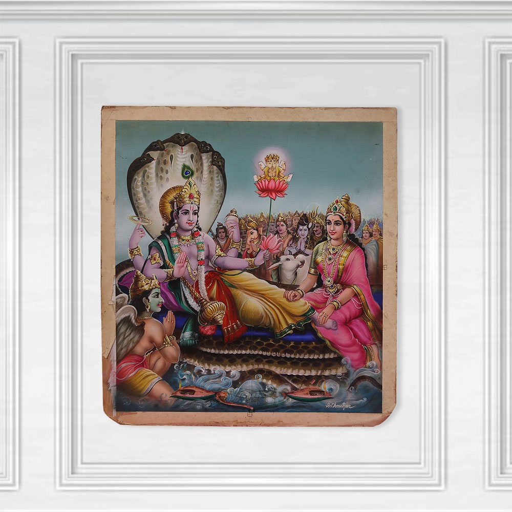 Vintage Lord Vishnu and Goddess Laxmi Painting for Decor