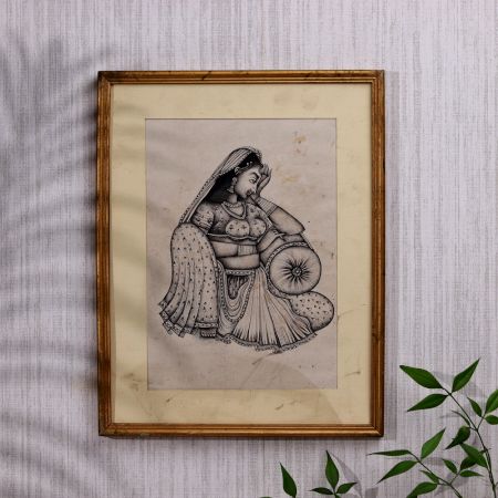 Traditional Indian Lady Sitting Paper Painting for Hanging