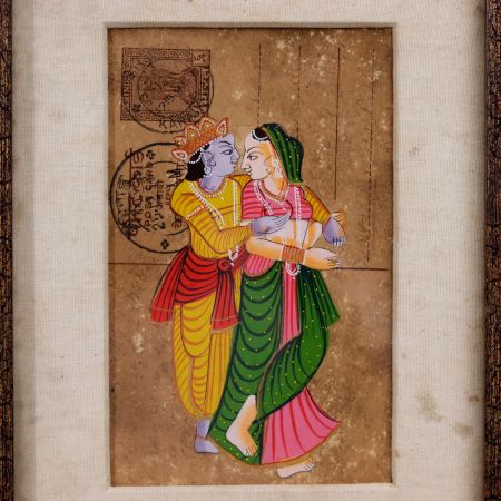 Vintage Painting of Radha Krishna on Post Card for Decoration