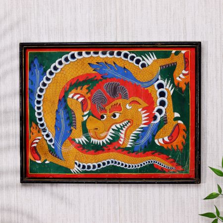 Used Paper Painting of Lion in Chinese Art in Wooden Frame