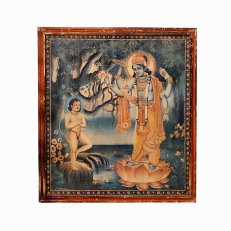 Vintage Paper Print of Lord Vishnu in Wooden Frame
