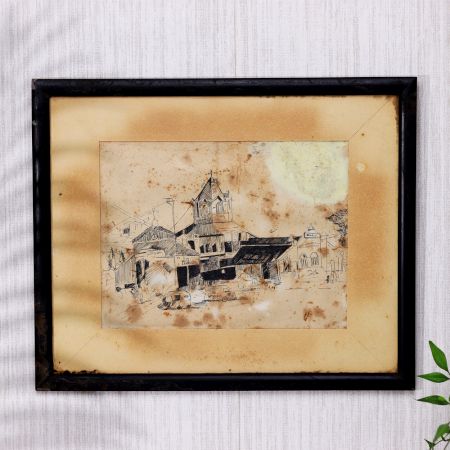 Vintage Charcoal Paper Painting from Colonial Period