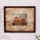 Hand Painted Vintage Paper Painting of Ox Cart in Wooden Frame