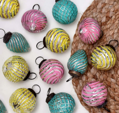 Multi-Coloured Distressed Round Glass Christmas Hanging Set of 12