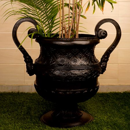 Dark Finish Vintage Brass Flower Pot with Two Handles for Decor