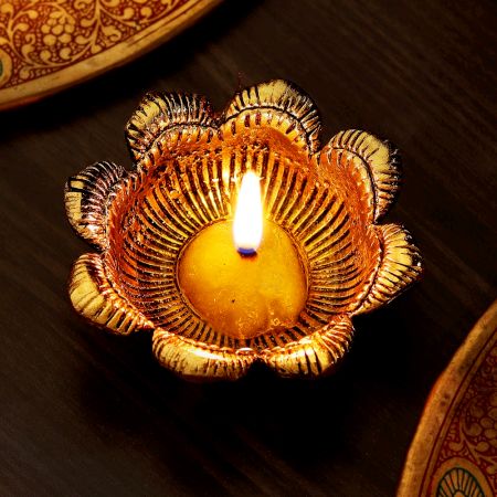 Open Flower Shape Aluminium Golden Diwali Diya For Mandir Decoration