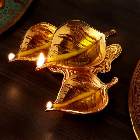 Golden Brass 3 Leaf Shaped Oil Lamp For Diwali Pooja