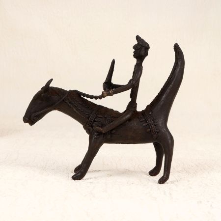 Dark Finish Brass Bull with Rider for Decor in Tribal Art