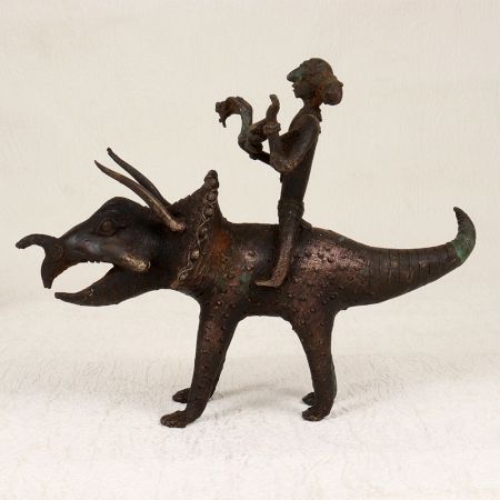 Dark Finish Handmade Brass Triceratops with Rider in Tribal Art