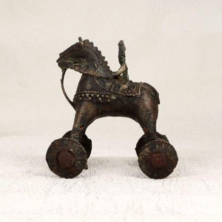 Tribal Art Brass Horse on Wheels with Rider Statue for Decor