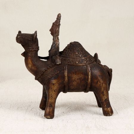 Central India Vintage Brass Camel Statue with Rider for Decor