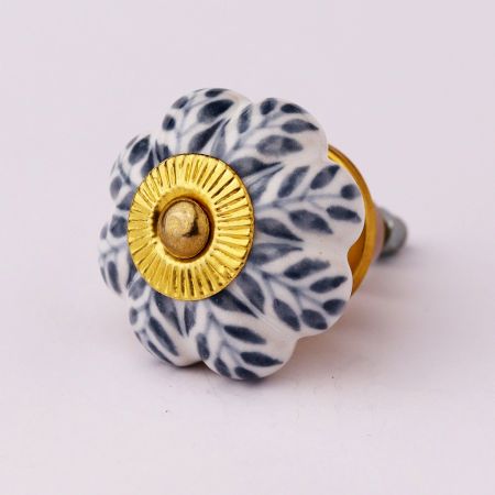 White Base Grey Leaf Ceramic Floral Melon Drawer Knob