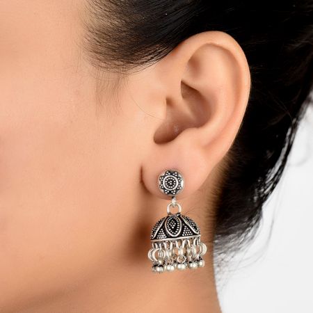 925 Sterling Silver Earrings  Shaped Jhumkies With Floral Motif Stud