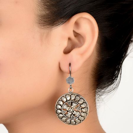 92.5 Sterling Silver Drop Earrings Round Engraved Silver Earrings