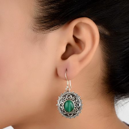 92.5 Sterling Silver Drop Earring With Green Malachite Engraved Earrings