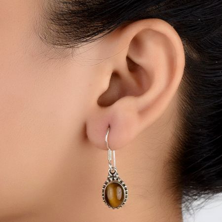 92.5 Sterling Silver Earrings With Oval Tiger Eye  Drop Earrrings