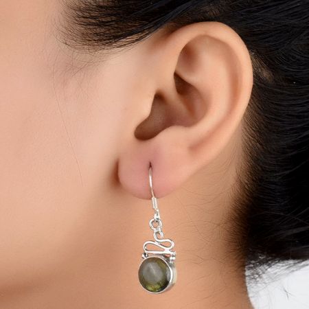 92.5 Sterling Silver Earrings  Round Green Jade Drop Earrings