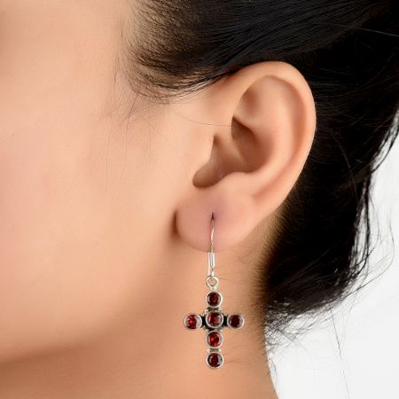 92.5 Sterling Silver Earrings Red Garnet Cross Hanging Earrings