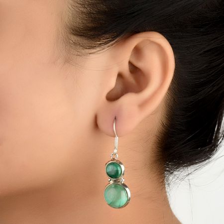 92.5 Sterling Silver earrings Melachite Round Dangle Earrings