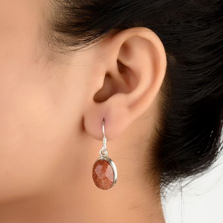92.5 Sterling Silver Earrings Big Brown Sunstone Wire Hook Earrings