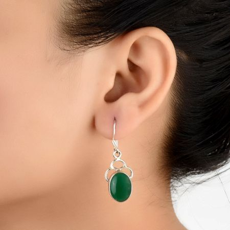 92.5 Sterling Silver Earrings Designer Green Agate Single Wire Hook Earrings