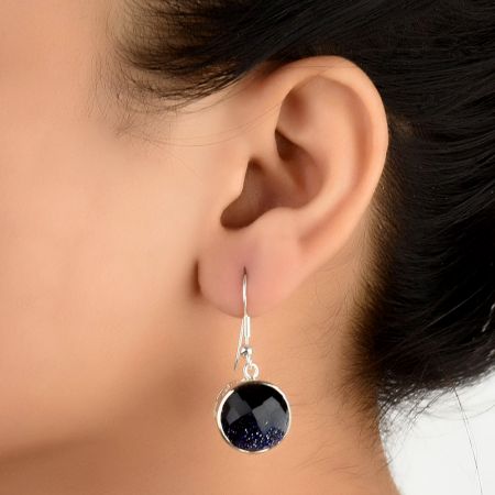 92.5 Sterling Silver Earrings Faceted Blue Goldstone Hook Earrings