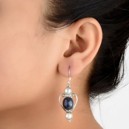 92.5 Sterling Silver Earrings Pearl And Lapis Lazuli Dangle Earring